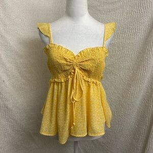 Pink Lily Yellow Smocked Tank S Ruffle Tie Front Babydoll Coquette Spring Floral